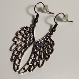 Artisan hand-crafted, antique gold tone & rhinestone wing earrings, 0.5" x 1.5"